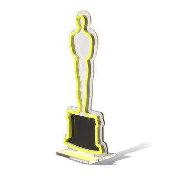 side view of neon LED oscar on tabletop with stand Oscar Statue the Academy Awards Show official Oscars Logo Merchandise Collectible Neon Sign Tabletop Size.